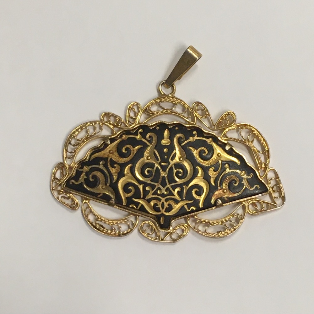 Vintage Damascene Gold and Black Fan Shaped Pendant - Excellent Condition